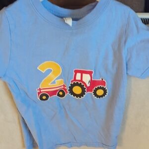 Blue Kids Tee with Red Tractor and Yellow Number 2